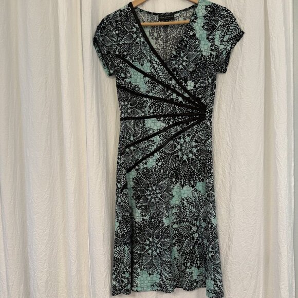 Connected Apparel Aqua/Teal Blue & Black Boho Midi Dress Size 4 Petite - Picture 1 of 7